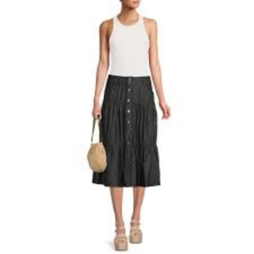 Tiered Button Up Black Denim Midi Skirt Western Cottagecore Whimsigoth